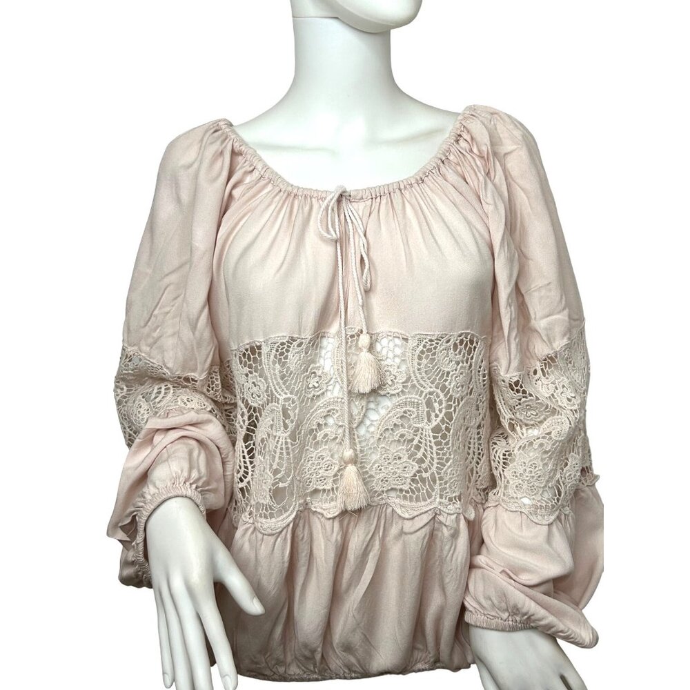 Free People. Blouse S/P Pink, Lace Tassels Balloon Long Sleeve Loose Fit Classic